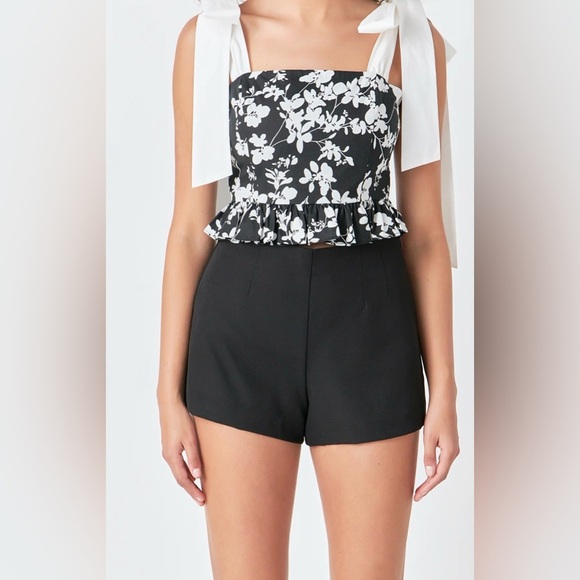 Endless Rose Tops - Endless Rose black and white floral cropped tank top with adjustable straps